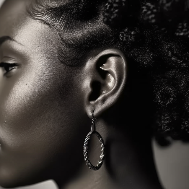 Close up photo of black woman with ear piercing