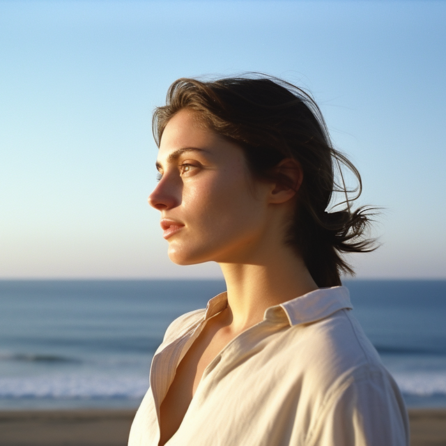 woman in white shirt in front of ocean looks out into sunset
