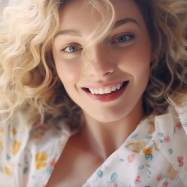 blonde woman smiles at camera in bed