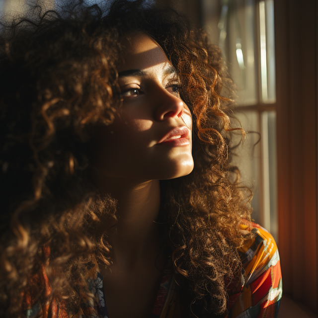 young woman gazing out window at sunset