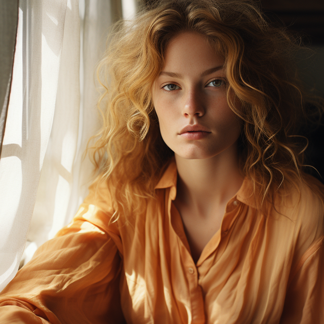 woman with curly hair and orange shirt