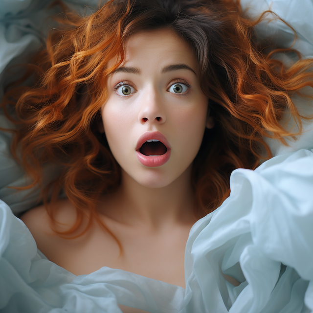 surprised woman with red hair lying in bed with blue sheets