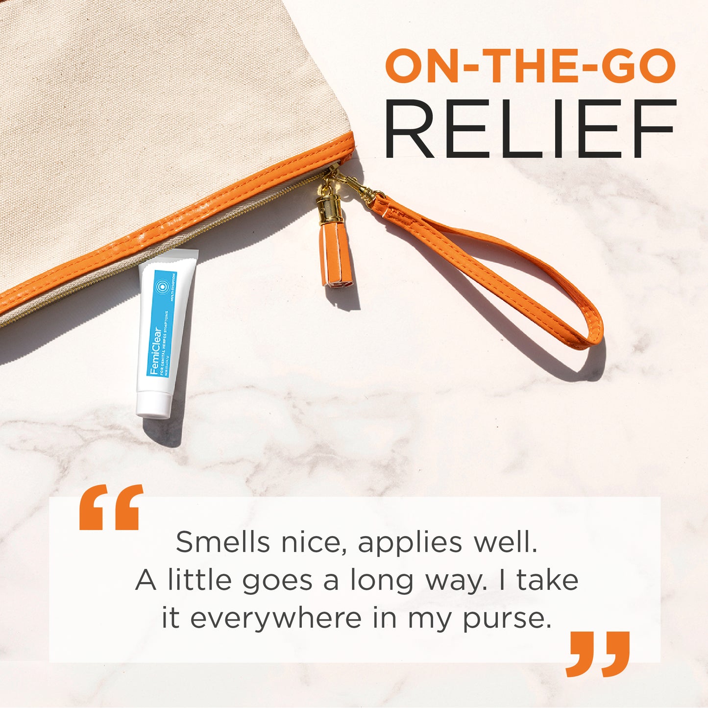 Genital Herpes relief on the go with Femiclear's discreet genital herpes cream packaging.