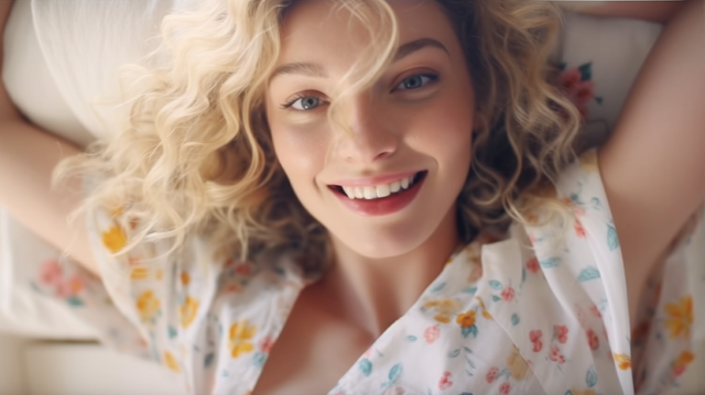 blonde woman smiles at camera in bed