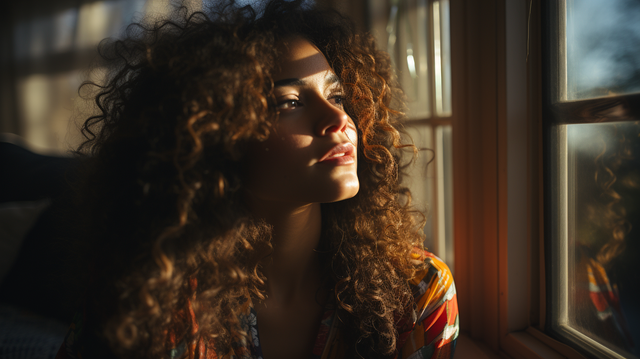 young woman gazing out window at sunset