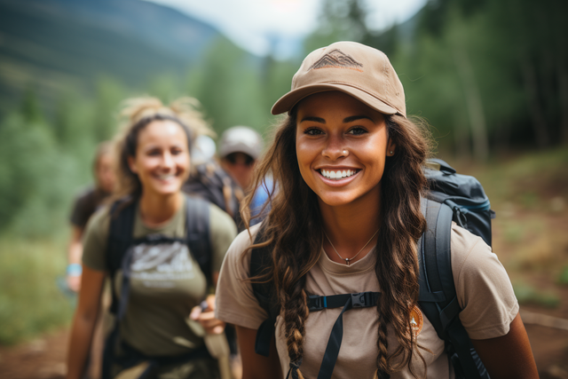 A group of women smiling and hiking on a trail. After UTI treatment with FemiClear and enjoying the outdoors.