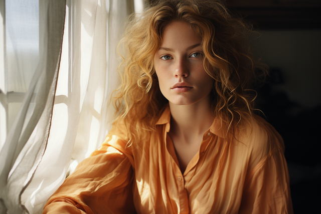 woman with curly hair and orange shirt