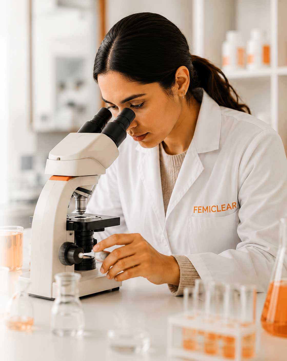 FemiClear scientist examining a sample under a microscope